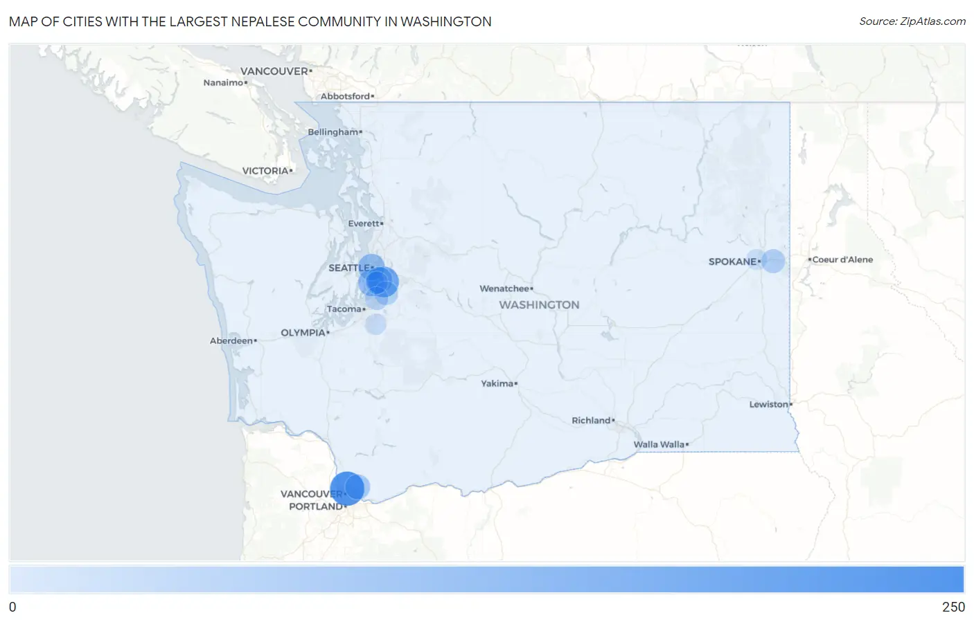Cities with the Largest Nepalese Community in Washington Map