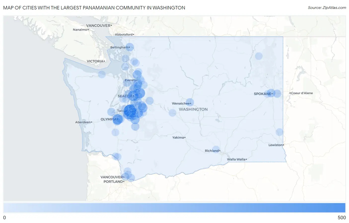 Cities with the Largest Panamanian Community in Washington Map