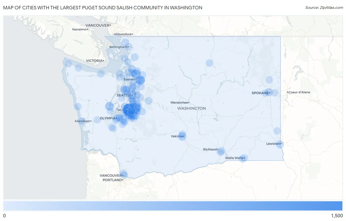 Cities with the Largest Puget Sound Salish Community in Washington Map