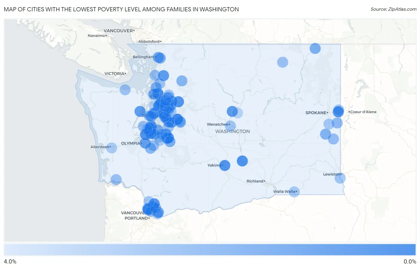 Cities with the Lowest Poverty Level Among Families in Washington Map