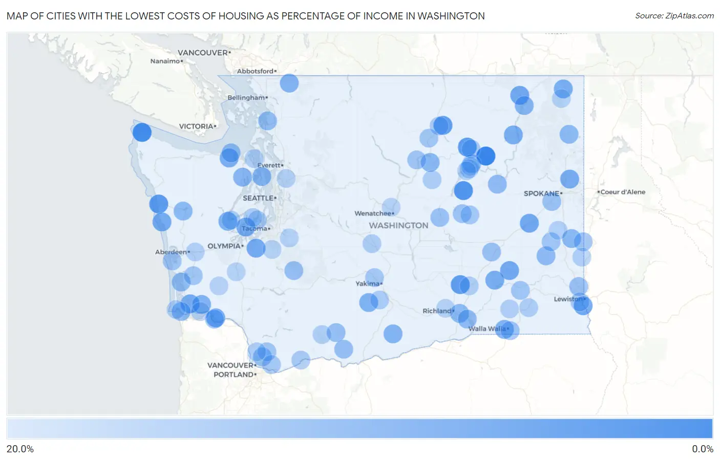 Cities with the Lowest Costs of Housing as Percentage of Income in Washington Map