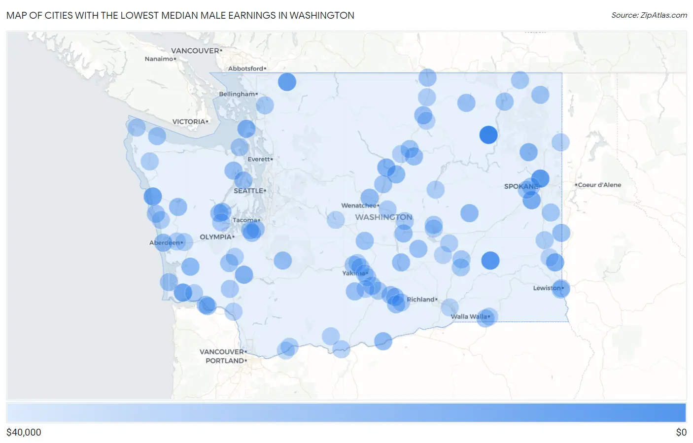 Cities with the Lowest Median Male Earnings in Washington Map