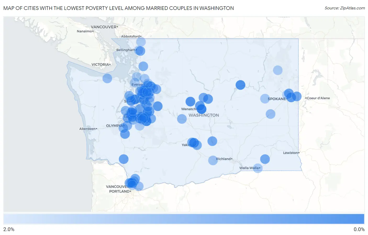 Cities with the Lowest Poverty Level Among Married Couples in Washington Map