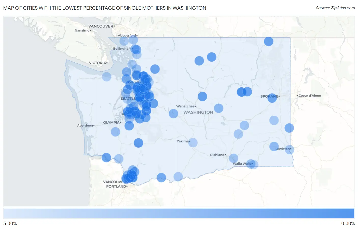 Cities with the Lowest Percentage of Single Mothers in Washington Map