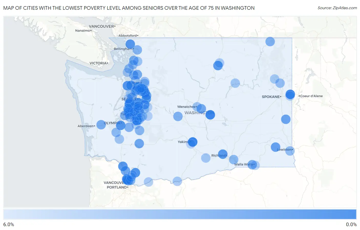 Cities with the Lowest Poverty Level Among Seniors Over the Age of 75 in Washington Map
