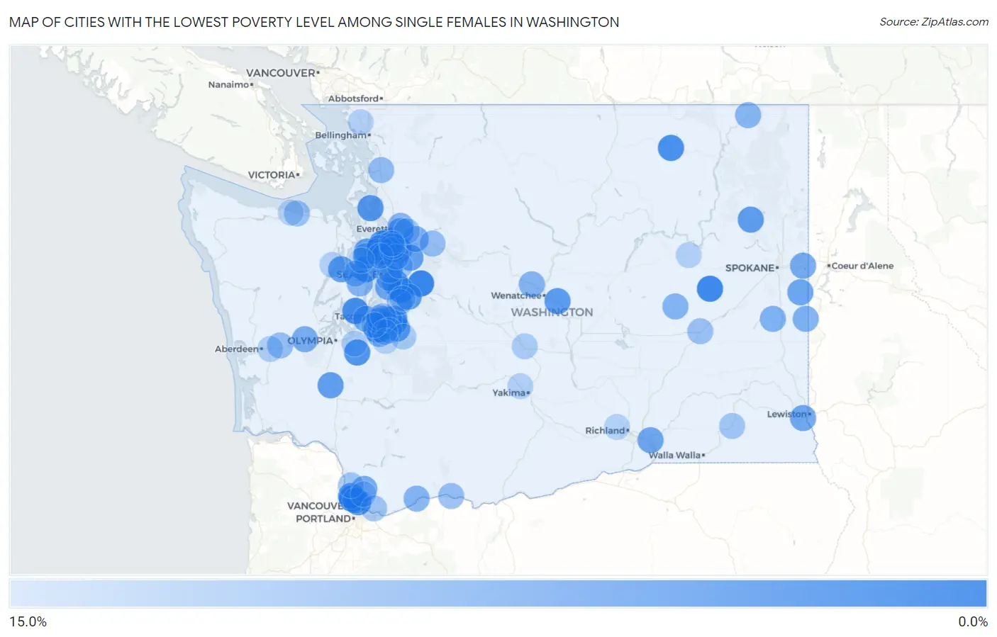 Cities with the Lowest Poverty Level Among Single Females in Washington Map