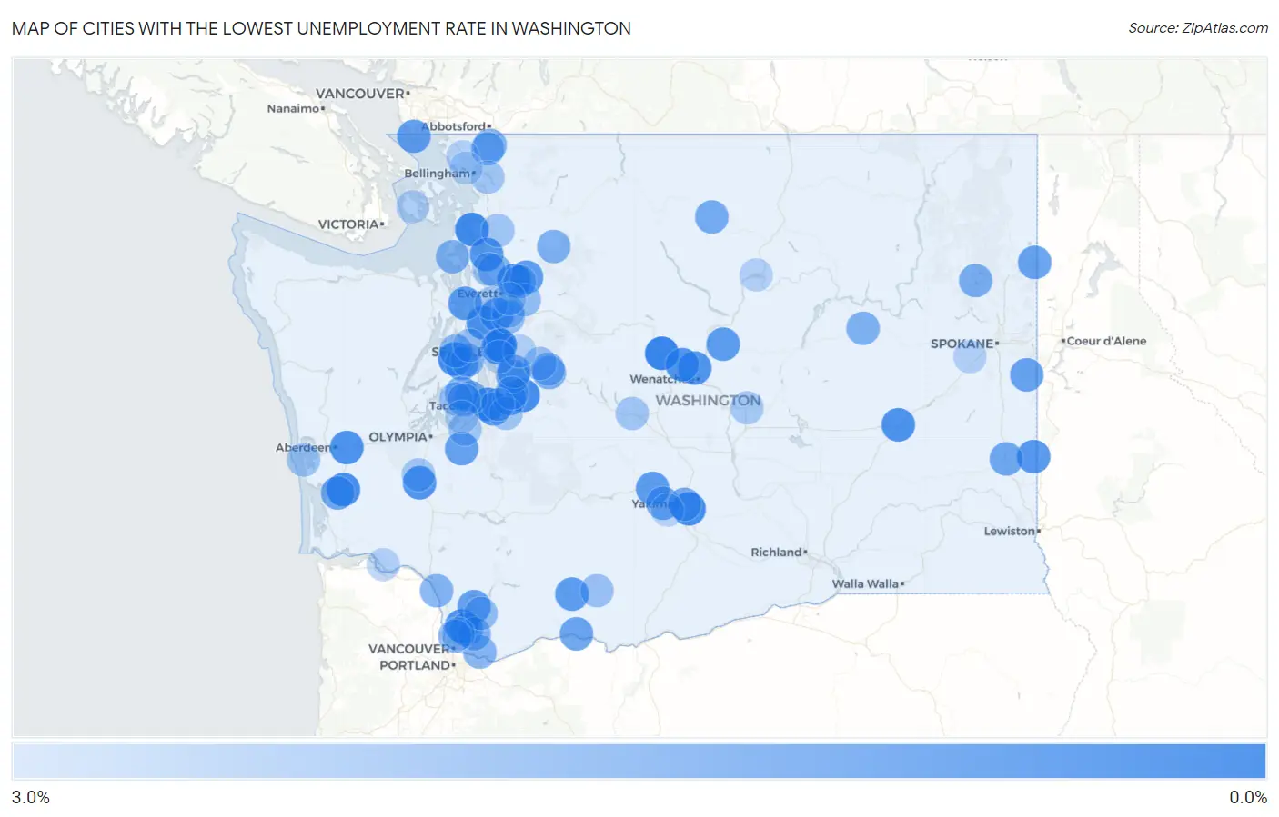 Cities with the Lowest Unemployment Rate in Washington Map