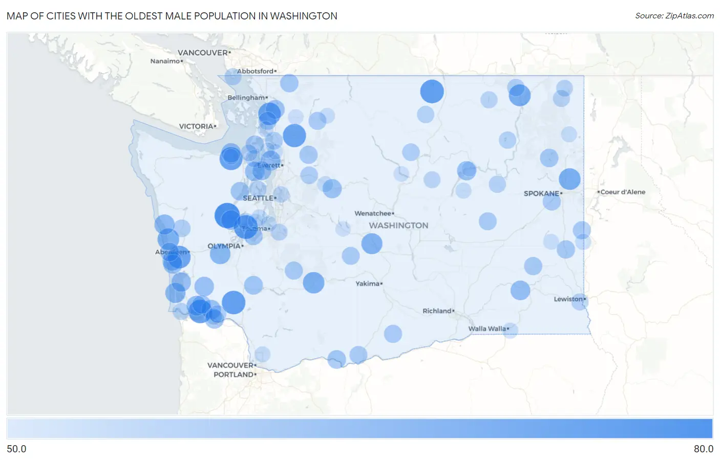 Cities with the Oldest Male Population in Washington Map