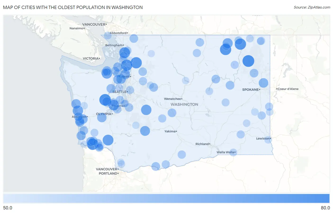 Cities with the Oldest Population in Washington Map