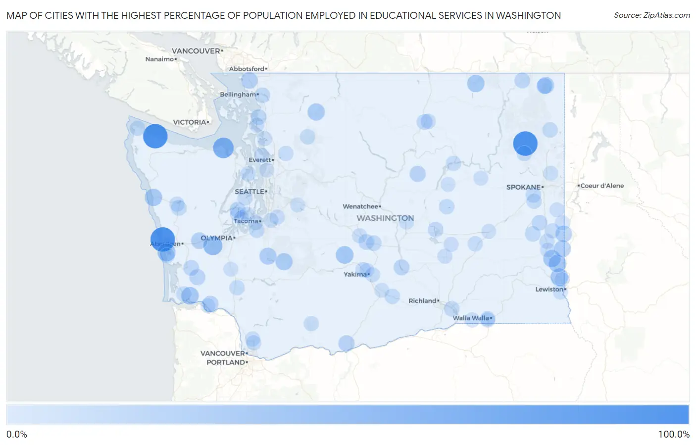 Cities with the Highest Percentage of Population Employed in Educational Services in Washington Map