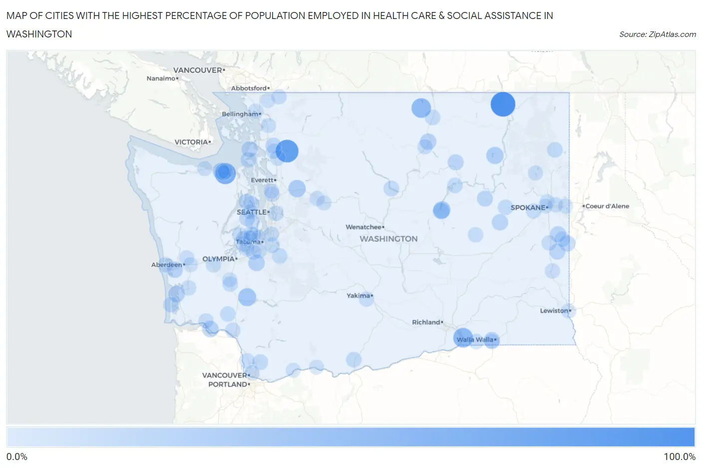 Cities with the Highest Percentage of Population Employed in Health Care & Social Assistance in Washington Map