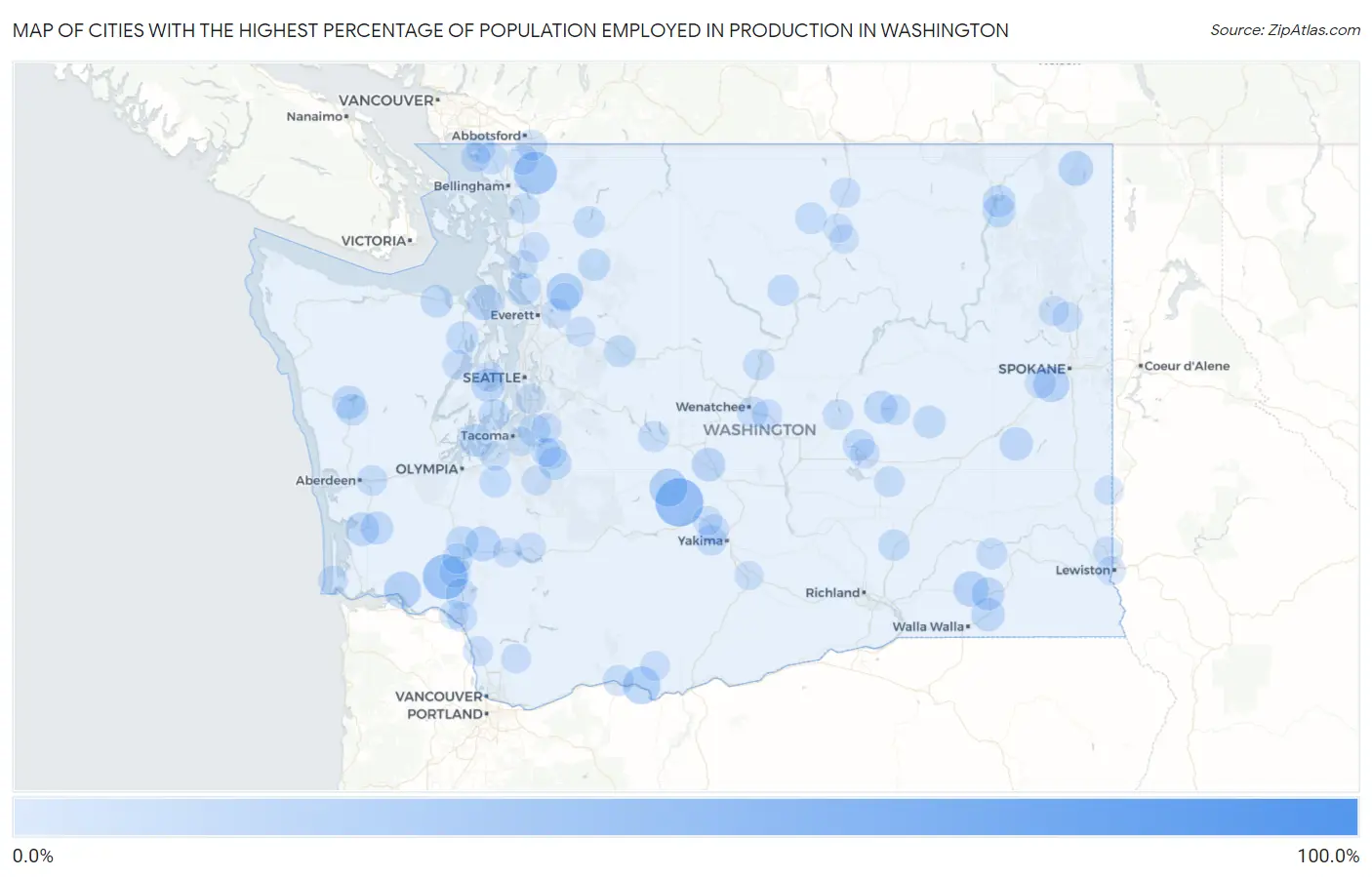 Cities with the Highest Percentage of Population Employed in Production in Washington Map