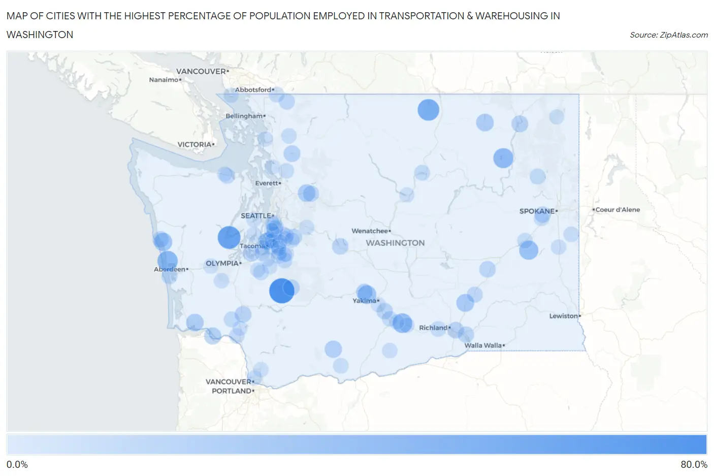 Cities with the Highest Percentage of Population Employed in Transportation & Warehousing in Washington Map