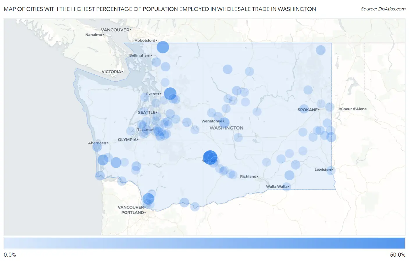 Cities with the Highest Percentage of Population Employed in Wholesale Trade in Washington Map