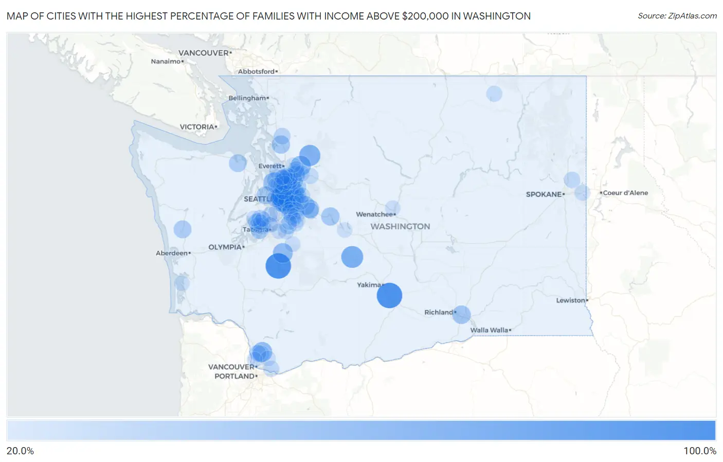 Cities with the Highest Percentage of Families with Income Above $200,000 in Washington Map