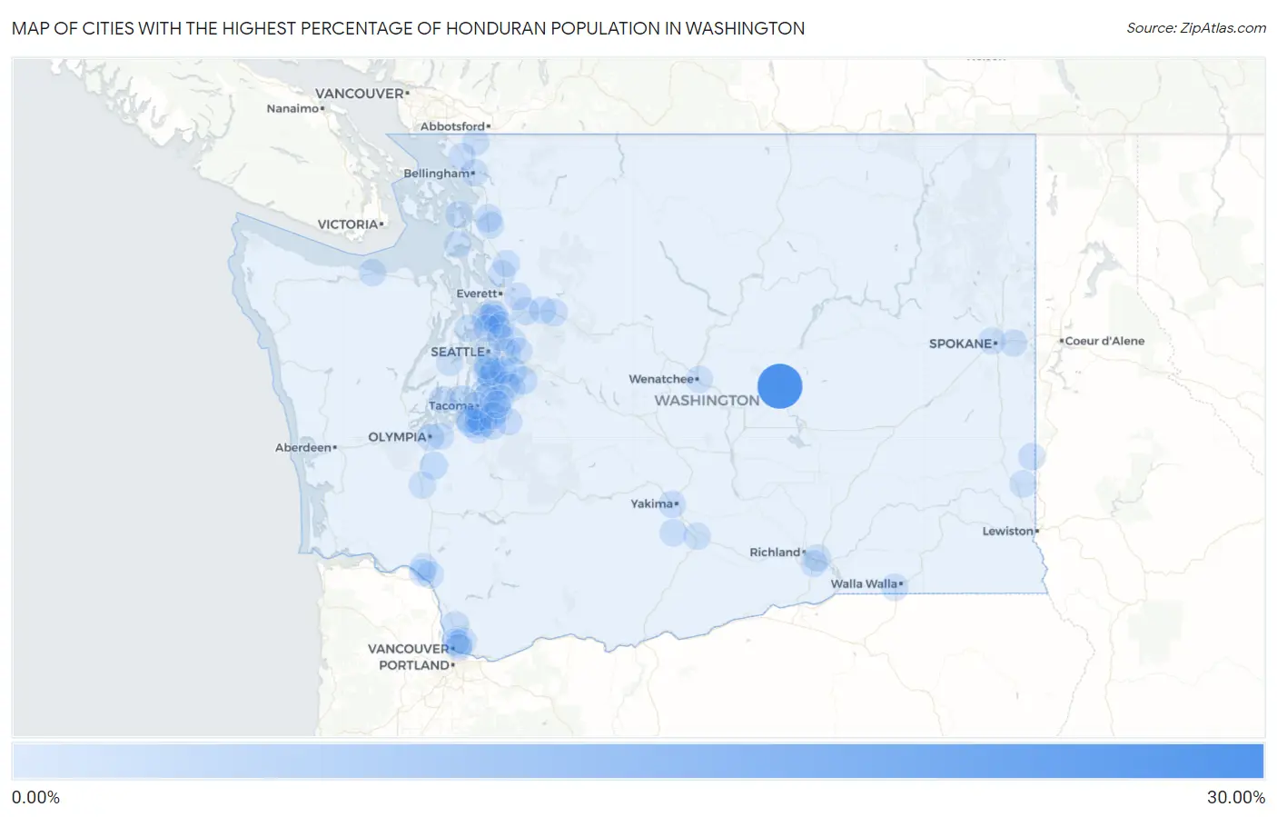 Cities with the Highest Percentage of Honduran Population in Washington Map