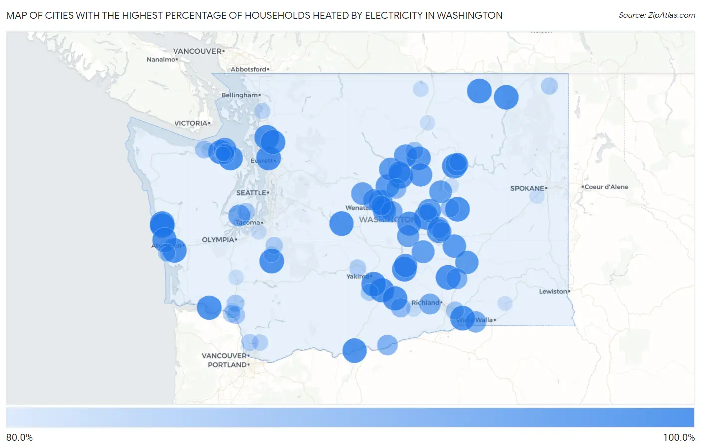 Cities with the Highest Percentage of Households Heated by Electricity in Washington Map