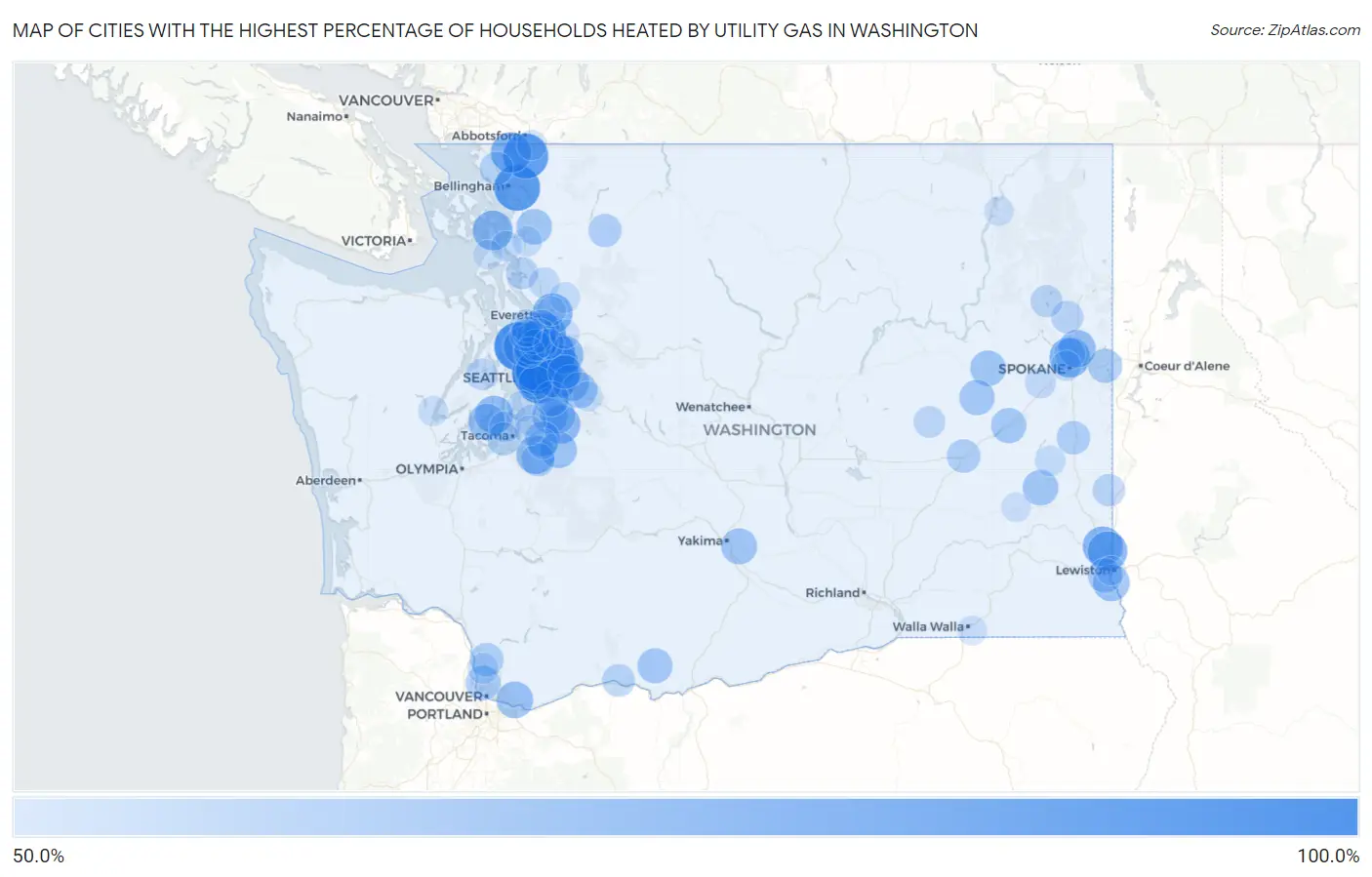 Cities with the Highest Percentage of Households Heated by Utility Gas in Washington Map