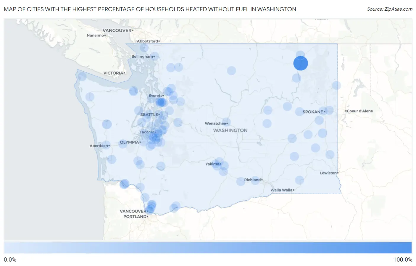 Cities with the Highest Percentage of Households Heated without Fuel in Washington Map