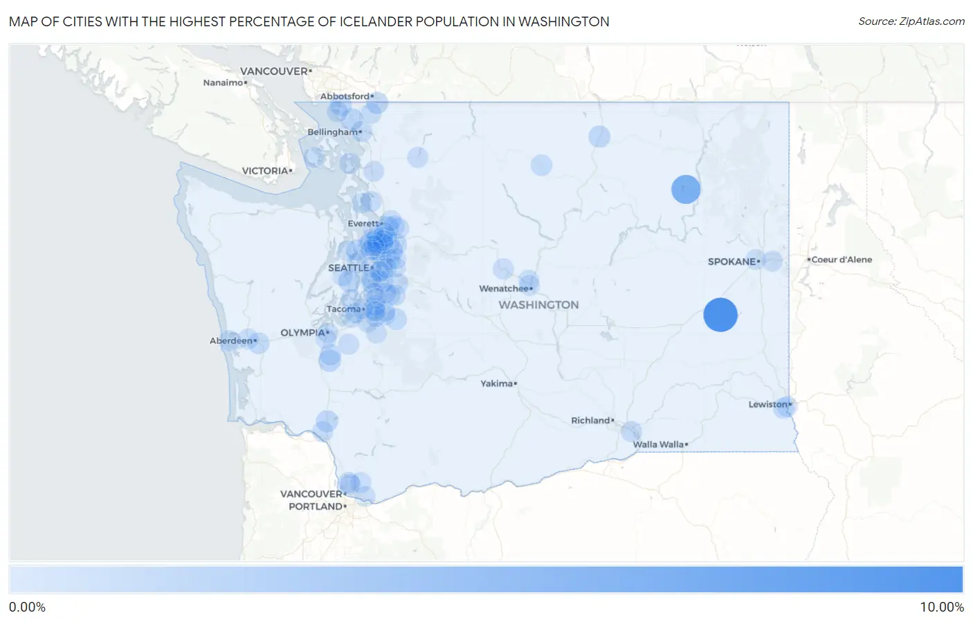 Cities with the Highest Percentage of Icelander Population in Washington Map