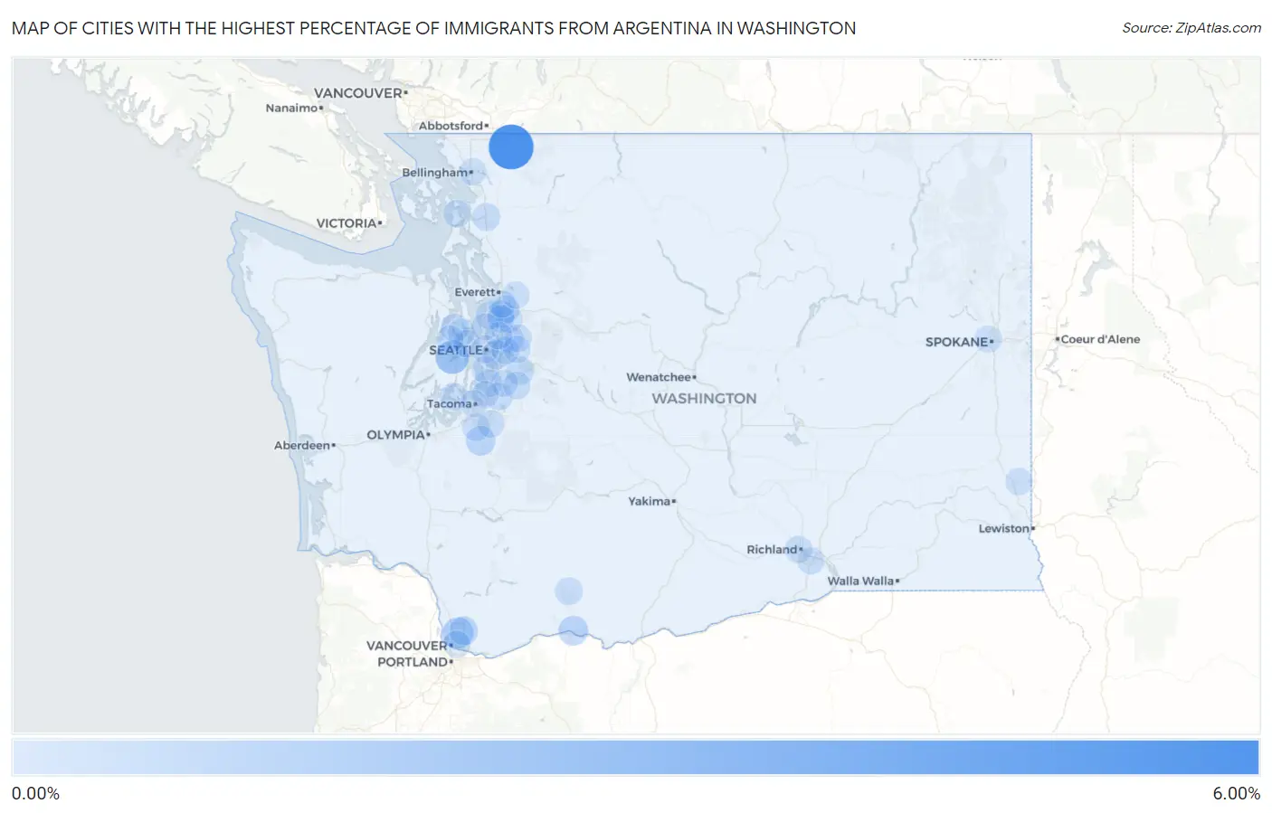 Cities with the Highest Percentage of Immigrants from Argentina in Washington Map
