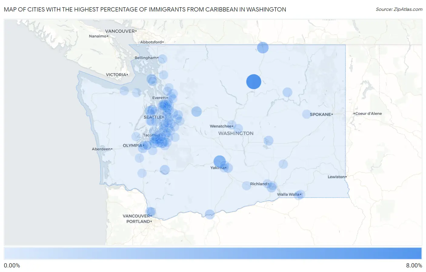 Cities with the Highest Percentage of Immigrants from Caribbean in Washington Map