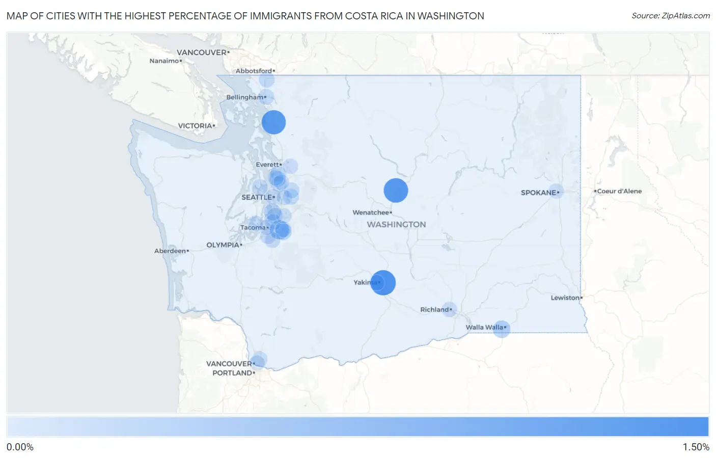 Cities with the Highest Percentage of Immigrants from Costa Rica in Washington Map