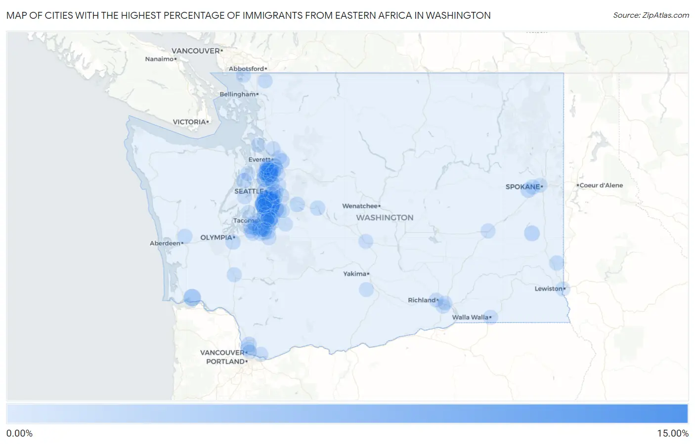 Cities with the Highest Percentage of Immigrants from Eastern Africa in Washington Map