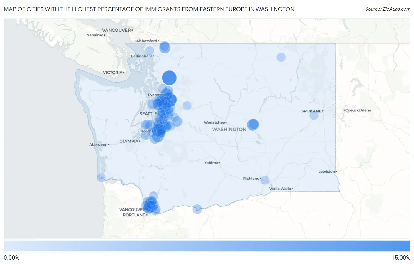 Cities with the Highest Percentage of Immigrants from Eastern Europe in Washington Map