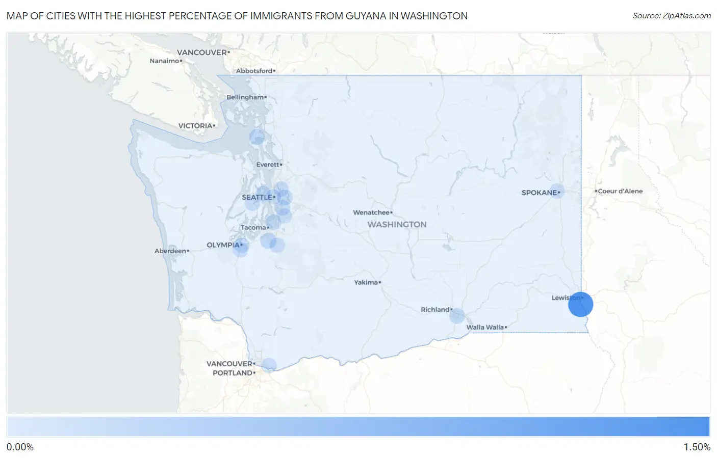 Cities with the Highest Percentage of Immigrants from Guyana in Washington Map