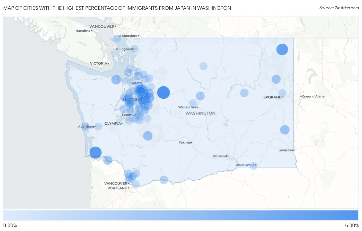Cities with the Highest Percentage of Immigrants from Japan in Washington Map