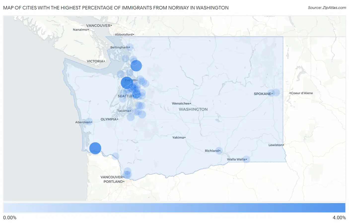 Cities with the Highest Percentage of Immigrants from Norway in Washington Map