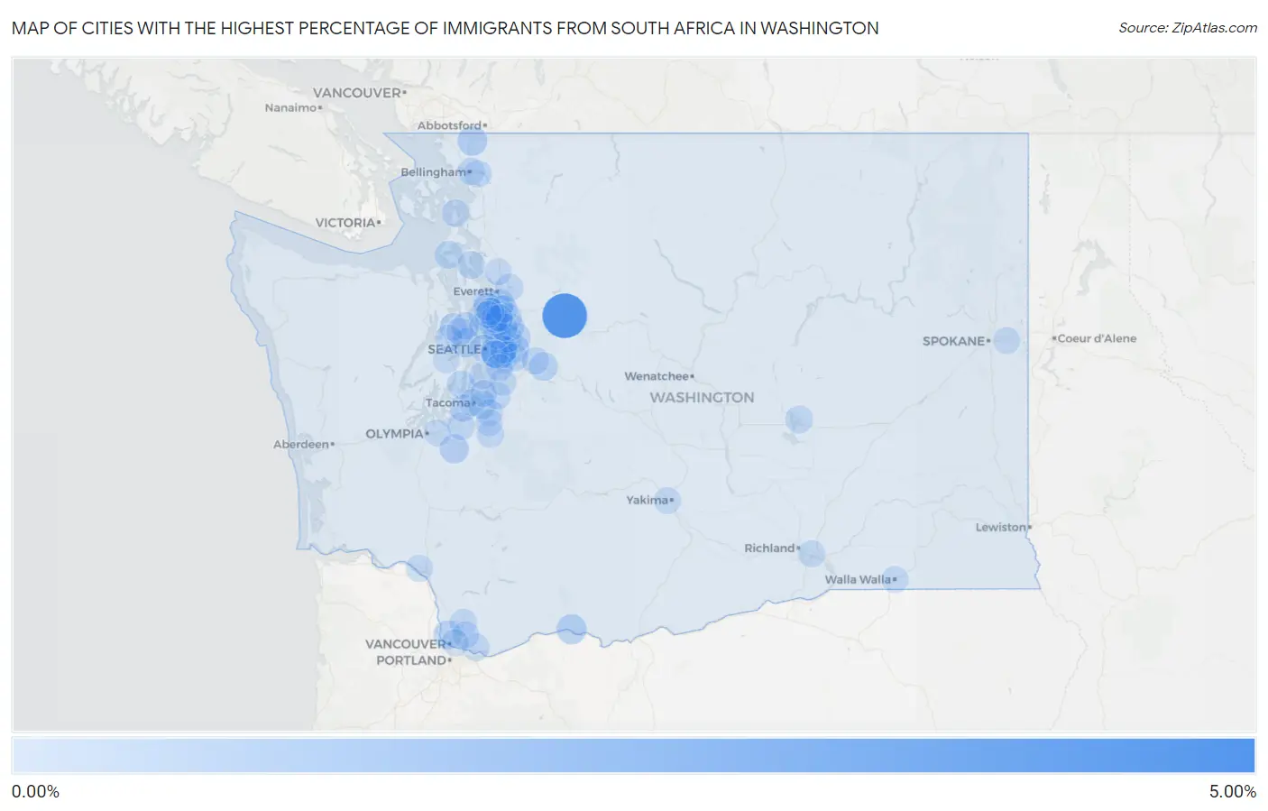 Cities with the Highest Percentage of Immigrants from South Africa in Washington Map