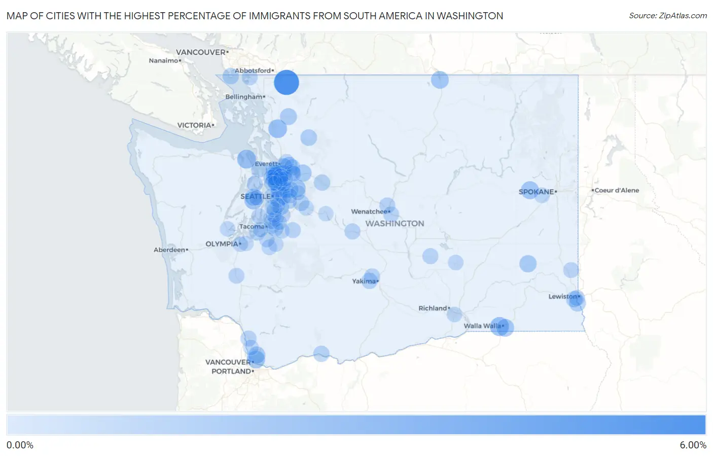 Cities with the Highest Percentage of Immigrants from South America in Washington Map