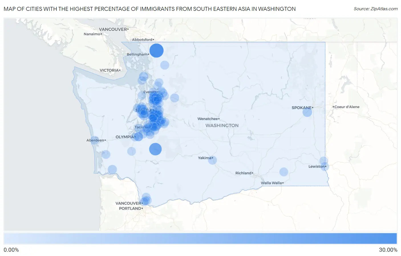 Cities with the Highest Percentage of Immigrants from South Eastern Asia in Washington Map
