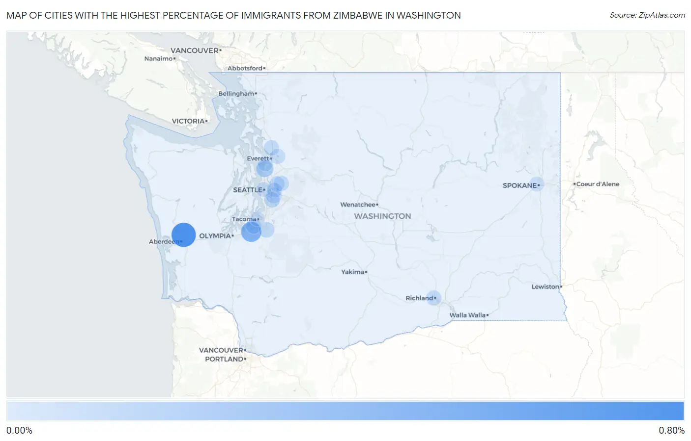 Cities with the Highest Percentage of Immigrants from Zimbabwe in Washington Map