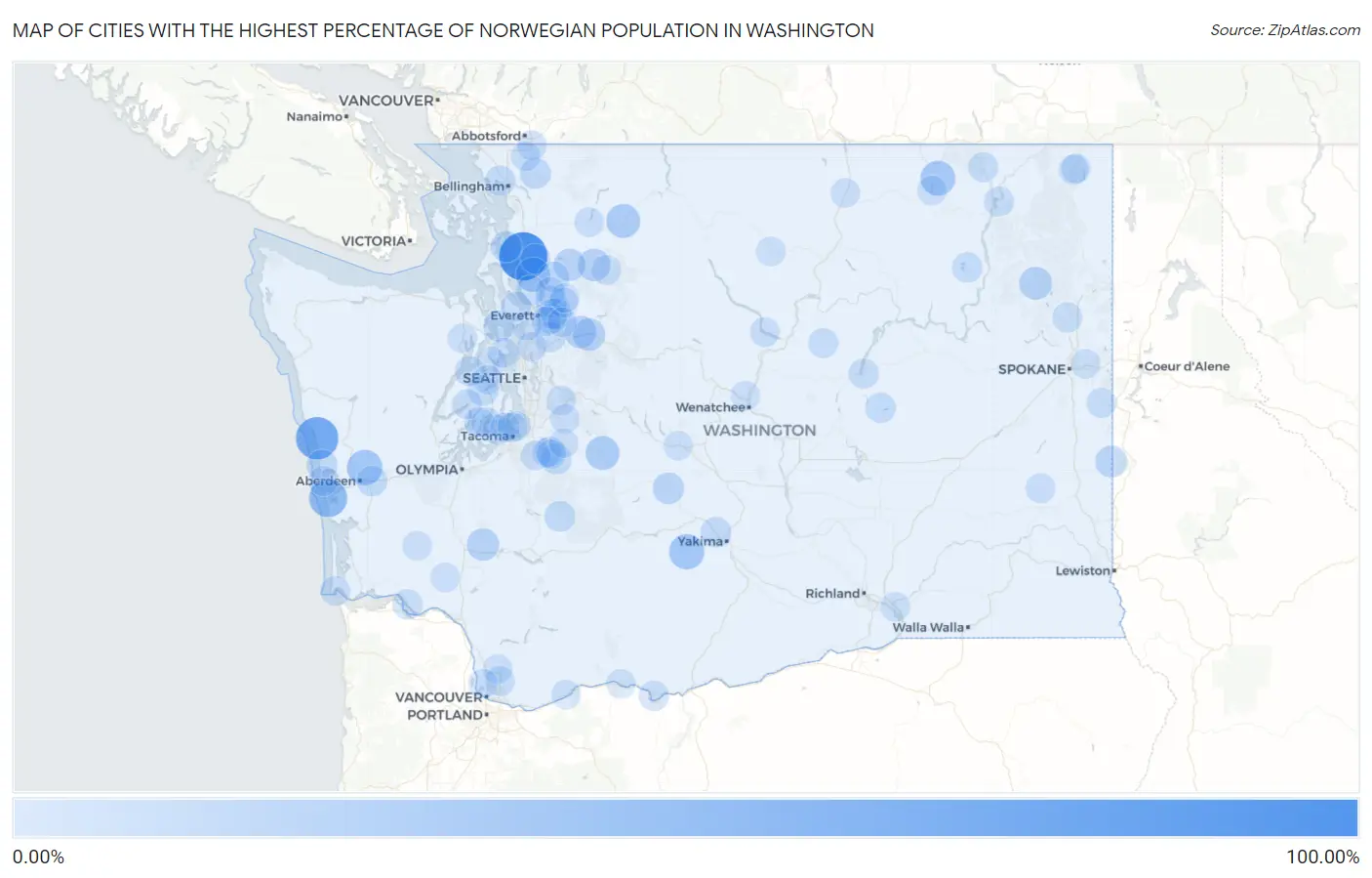 Cities with the Highest Percentage of Norwegian Population in Washington Map