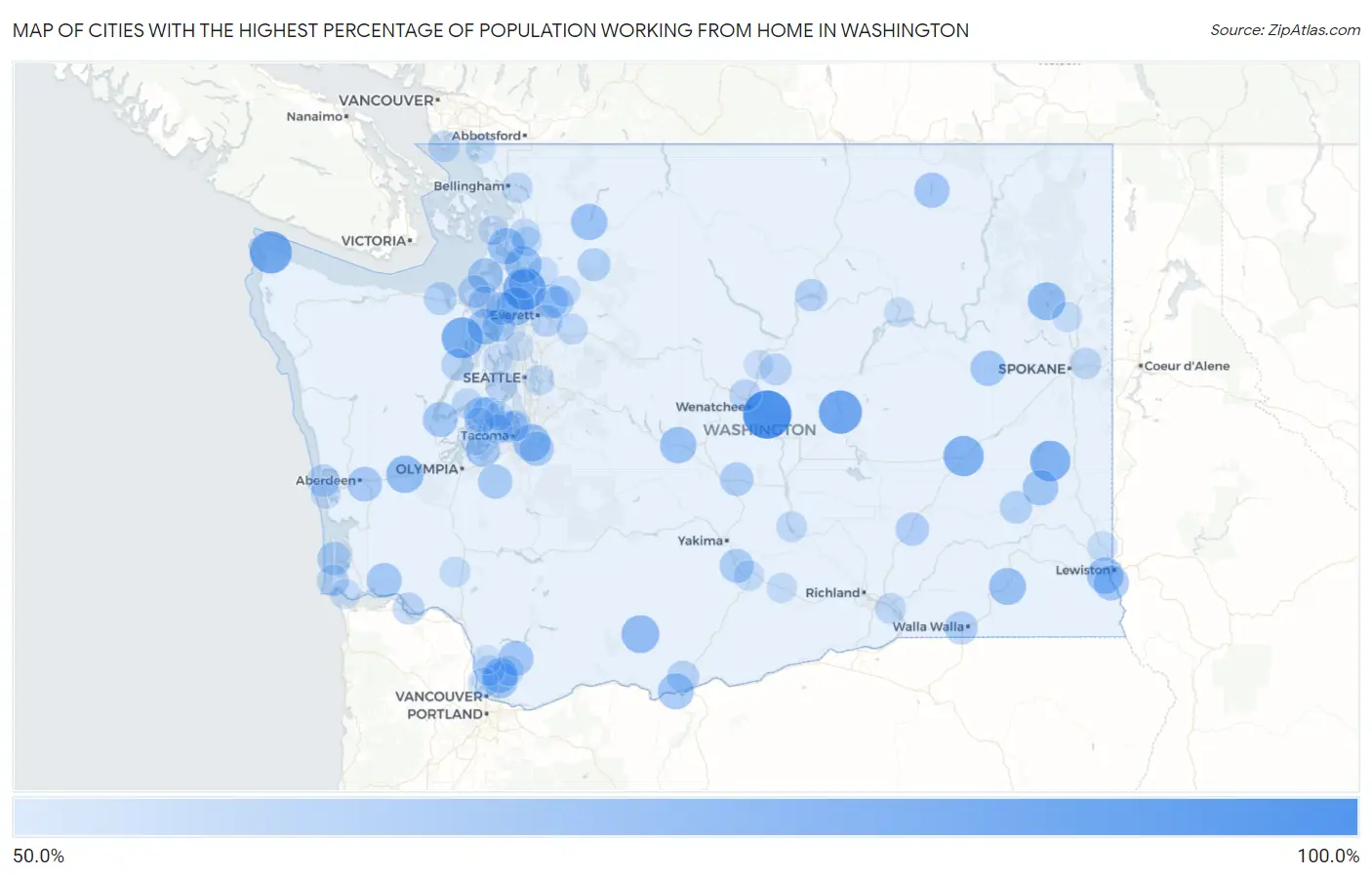 Cities with the Highest Percentage of Population Working from Home in Washington Map