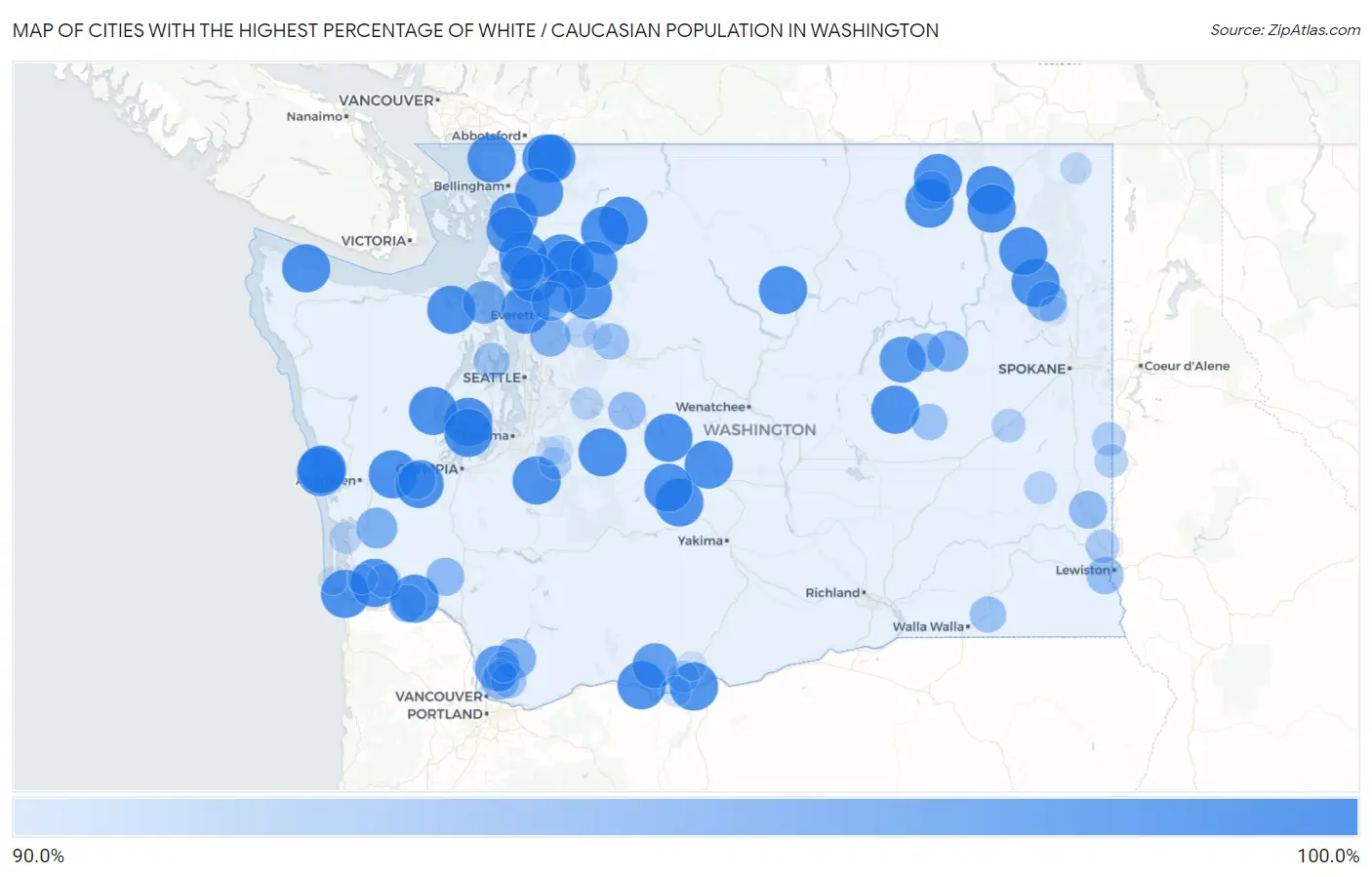 Cities with the Highest Percentage of White / Caucasian Population in Washington Map