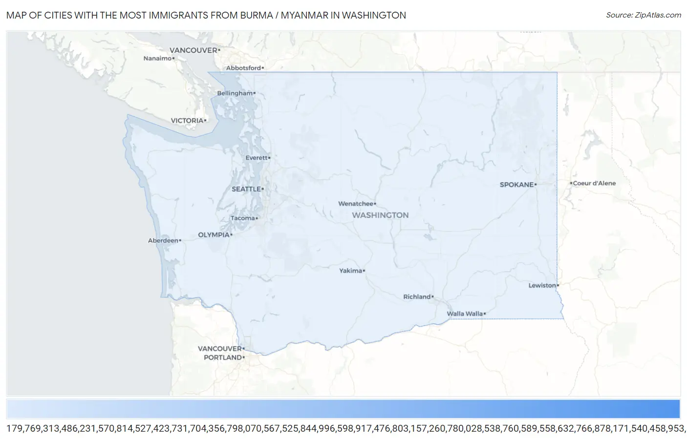 Cities with the Most Immigrants from Burma / Myanmar in Washington Map