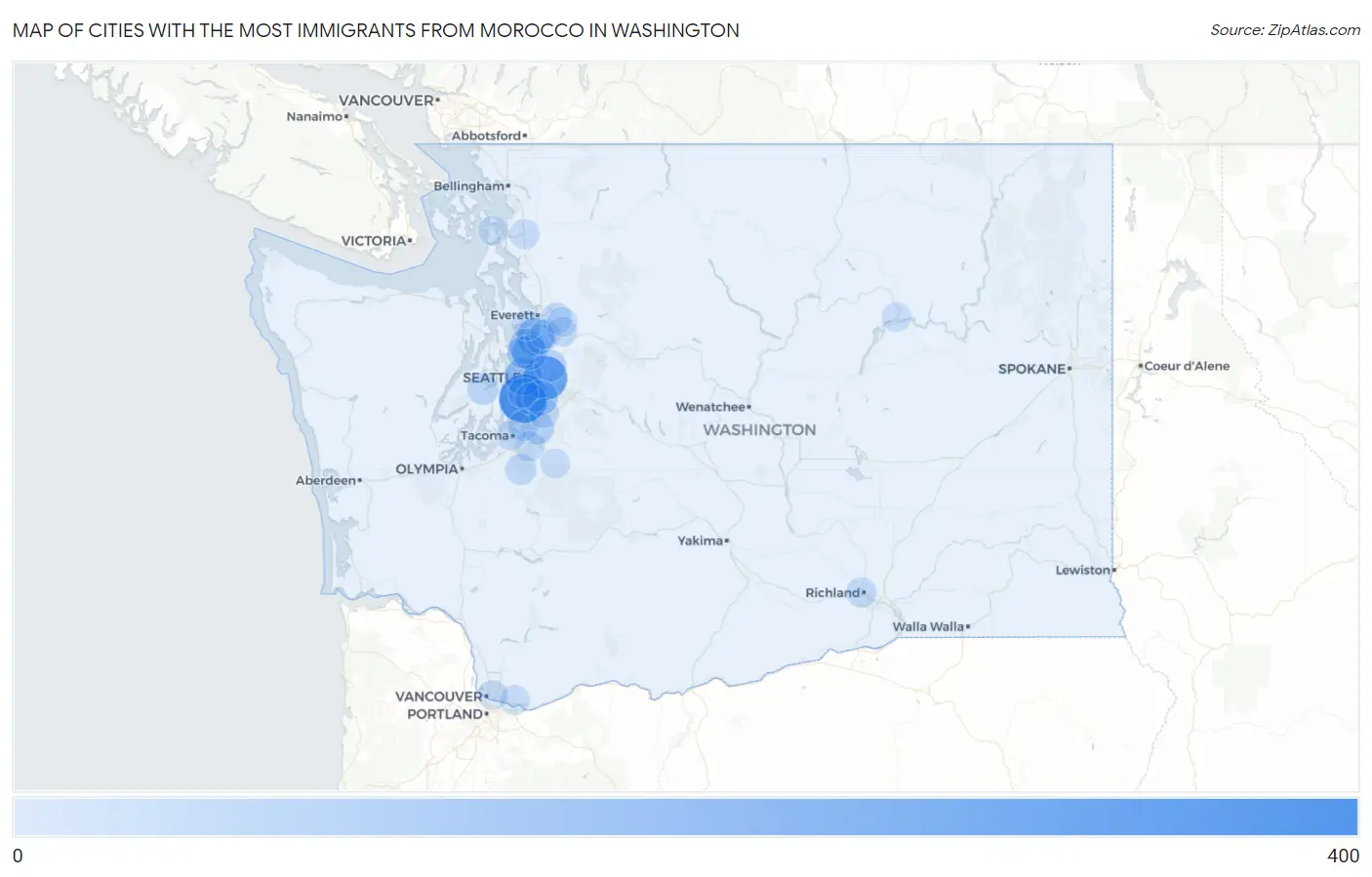 Cities with the Most Immigrants from Morocco in Washington Map