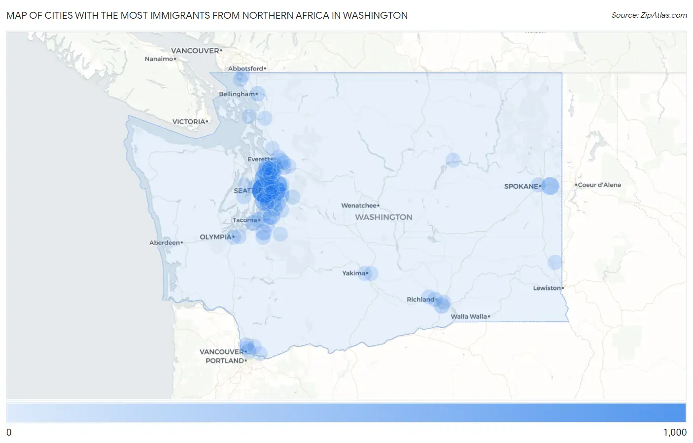 Cities with the Most Immigrants from Northern Africa in Washington Map