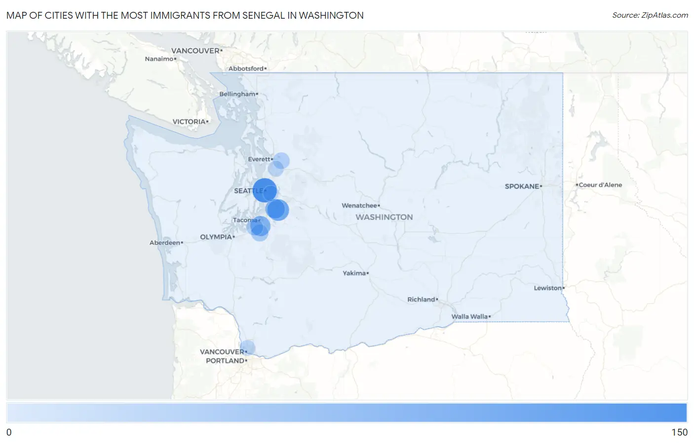 Cities with the Most Immigrants from Senegal in Washington Map