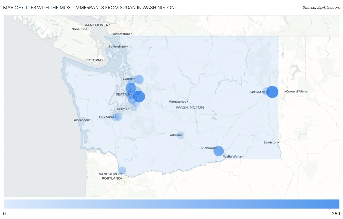 Cities with the Most Immigrants from Sudan in Washington Map