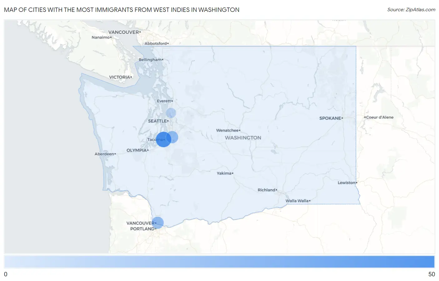 Cities with the Most Immigrants from West Indies in Washington Map