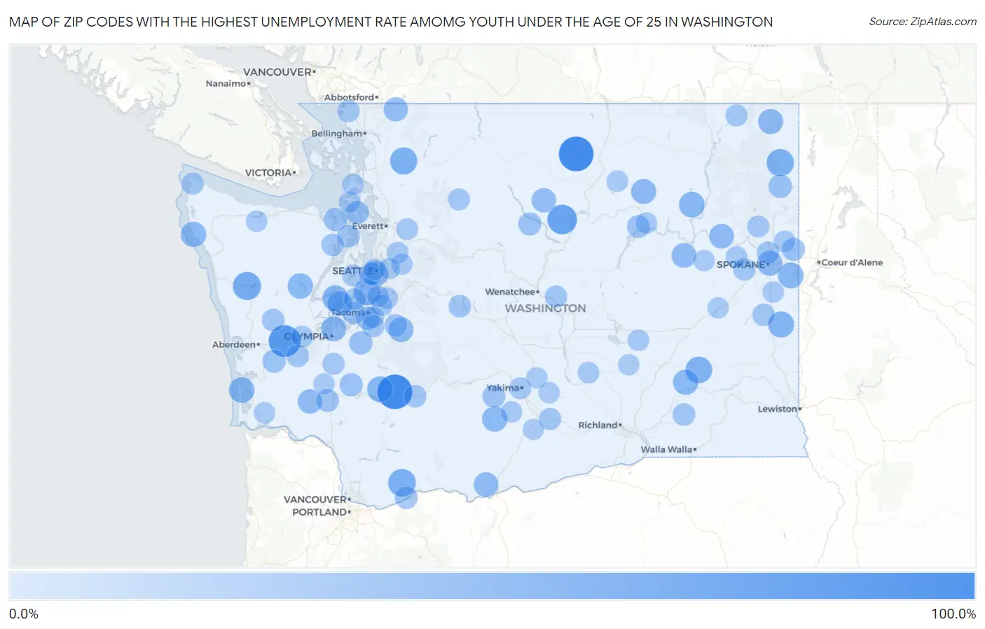 Zip Codes with the Highest Unemployment Rate Amomg Youth Under the Age of 25 in Washington Map
