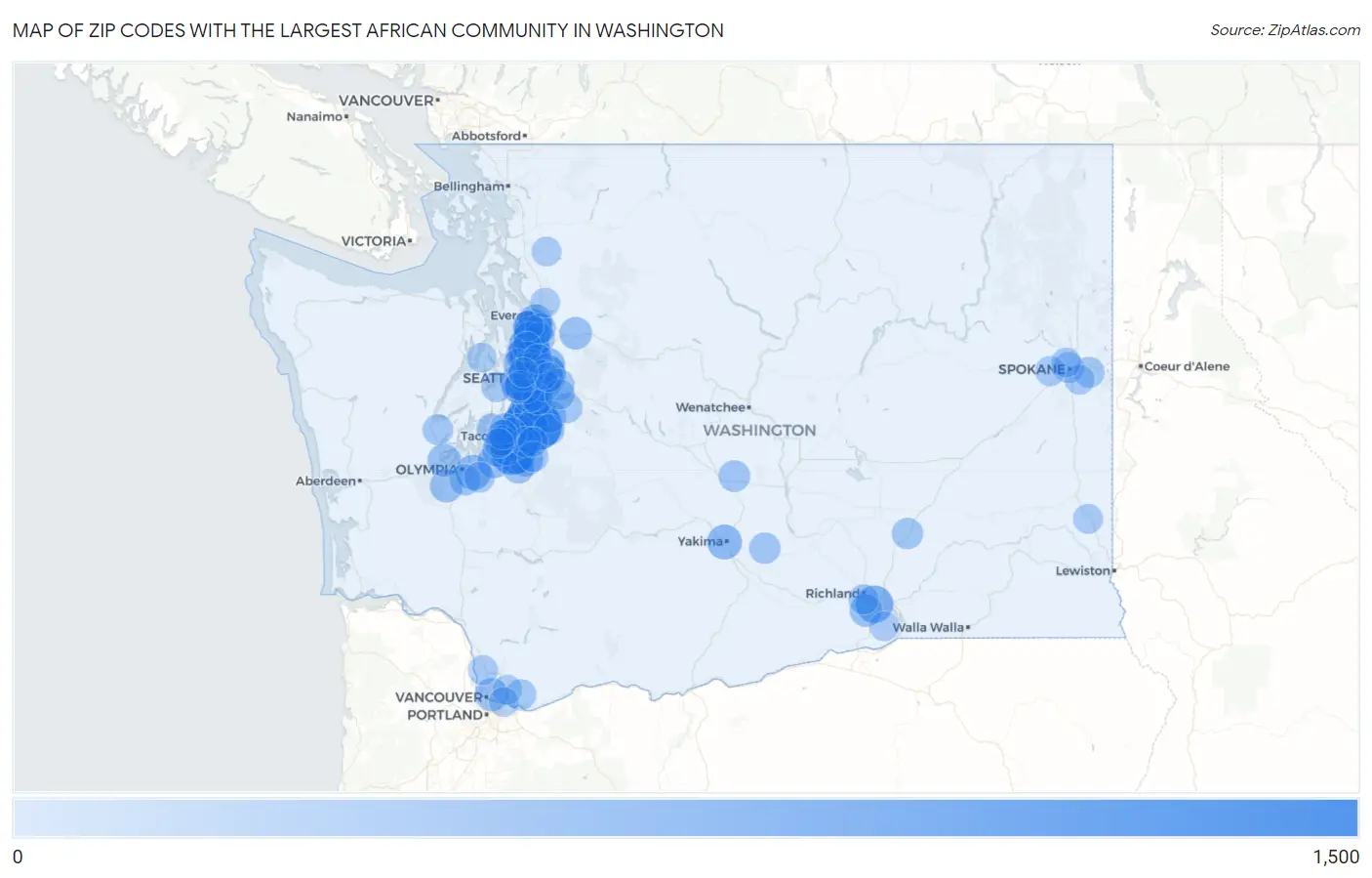 Zip Codes with the Largest African Community in Washington Map