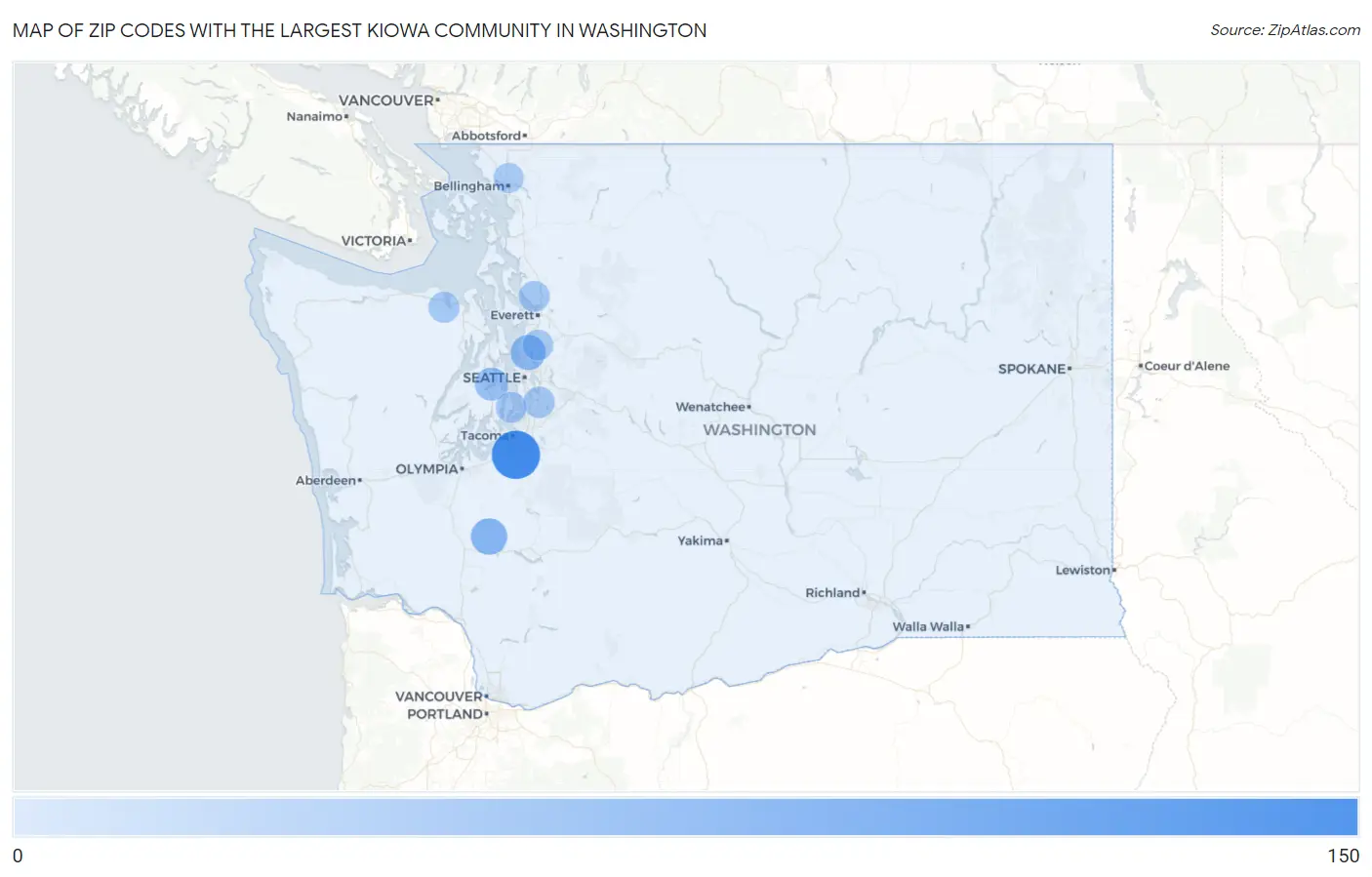 Zip Codes with the Largest Kiowa Community in Washington Map