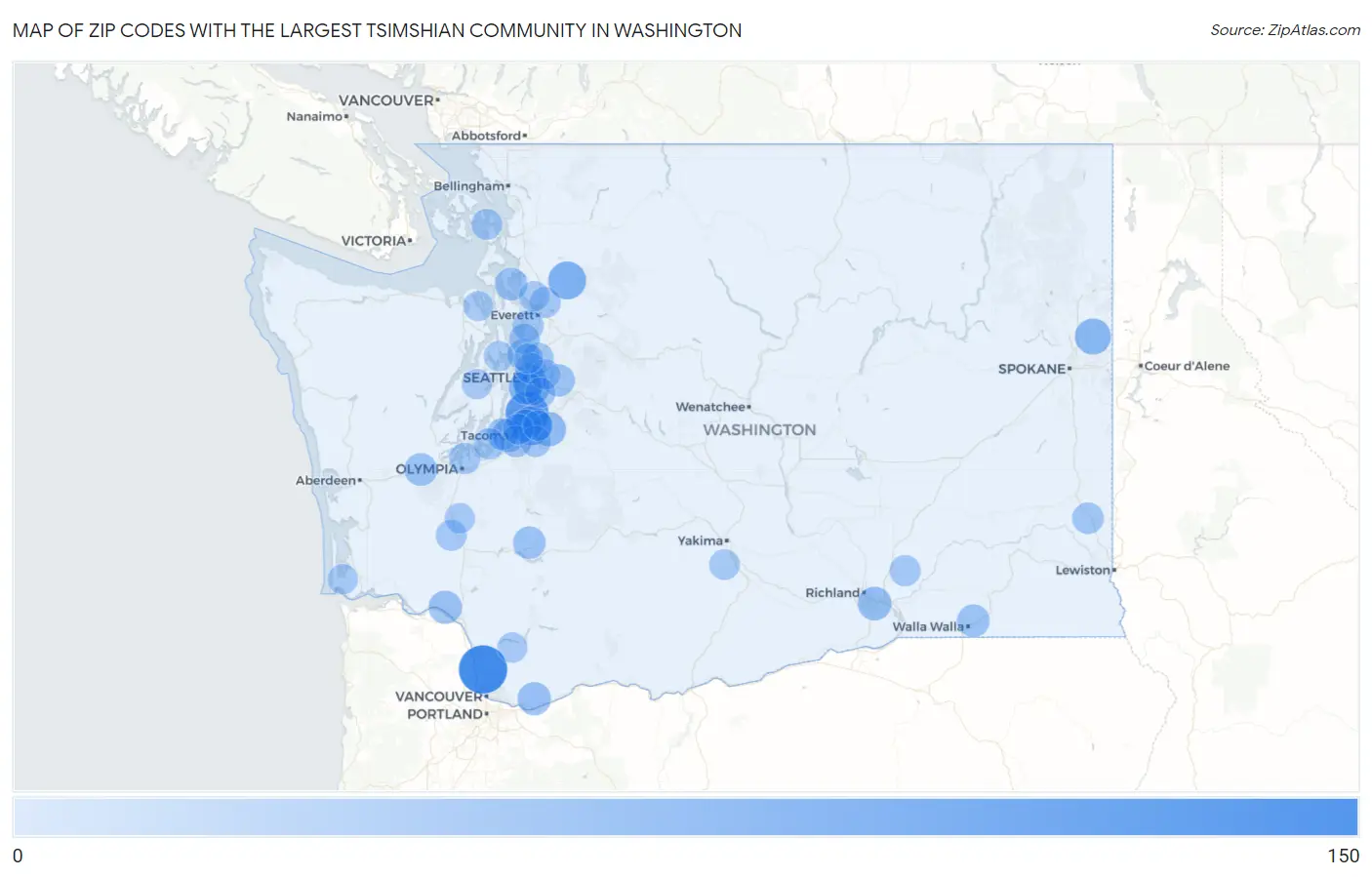 Zip Codes with the Largest Tsimshian Community in Washington Map