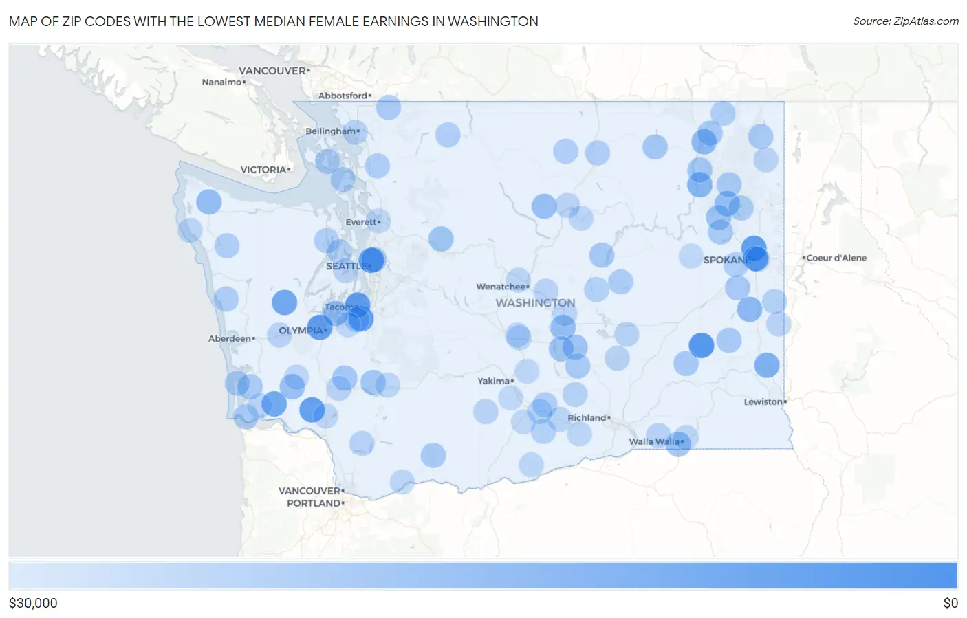 Zip Codes with the Lowest Median Female Earnings in Washington Map